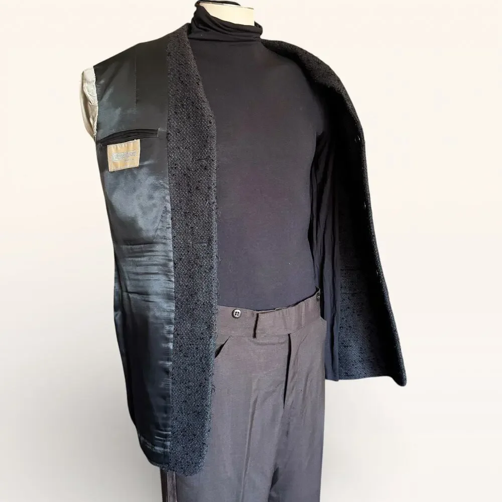 1960s Champion Mod Blazer Danish Harris Tweed Mens Black 3 Button 39L Sport Coat